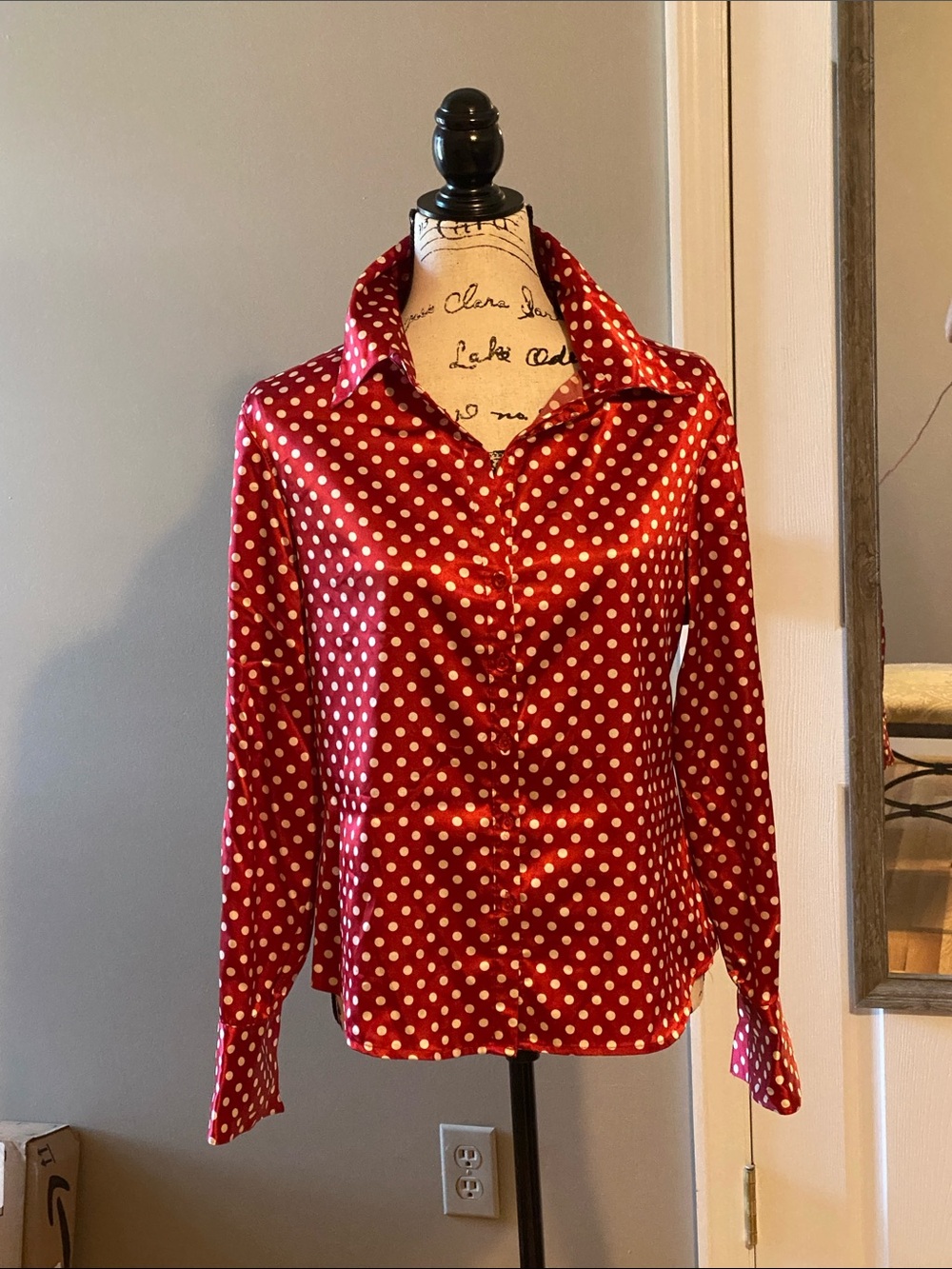 Red Polka Dot Satin Button-Front Shirt - Women